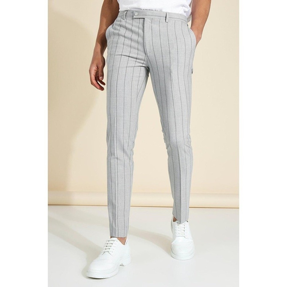 New Boohoo 32R 30 Light Gray Pinstriped Skinny Dress Pants Slacks Tailored